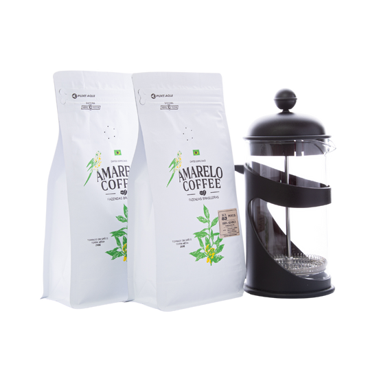 Pack Amarelo Coffee IAC 125 (2 x 250 g) + Prensa Francesa 600 ml – 🌿 Envases compostables